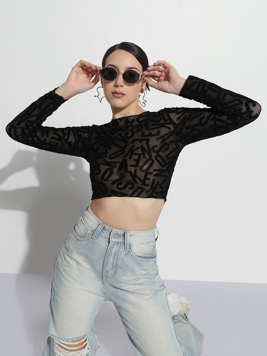 SHOWOFF Women Sheer Velvet Crop Top