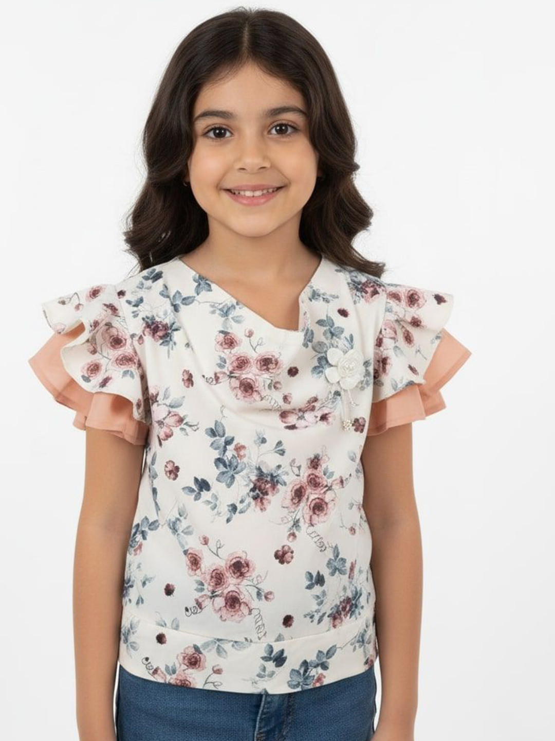 TRUFFLES Girls Floral Printed Round Neck Flutter Sleeves Cotton Top