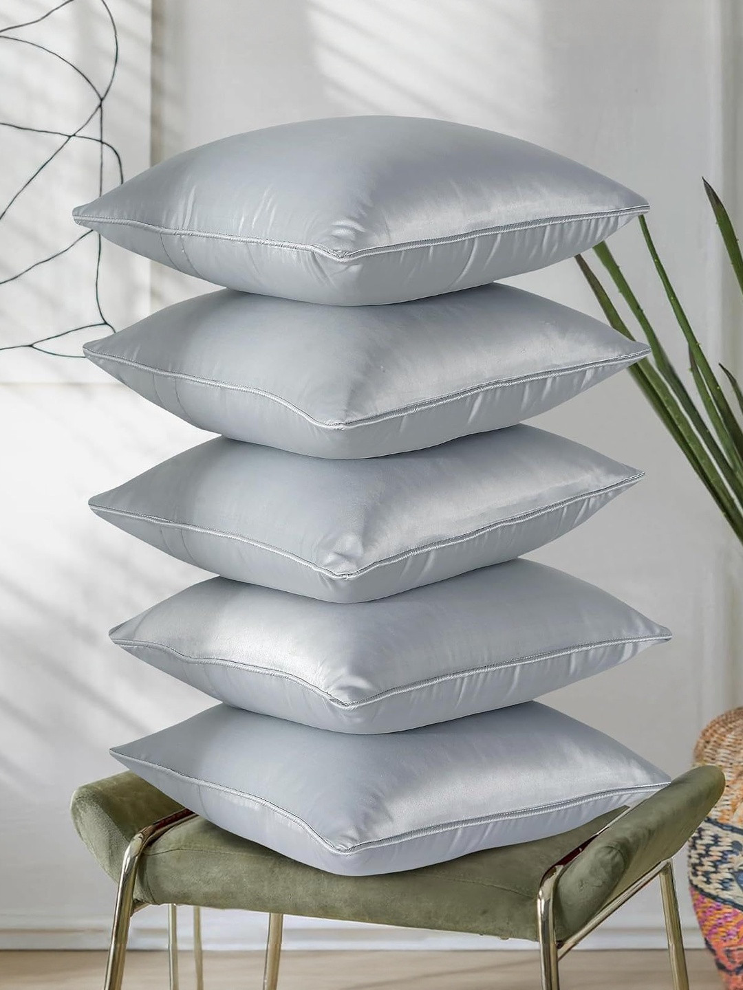 RD TREND Silver-Toned  5 Pieces Square Satin Cushion Covers