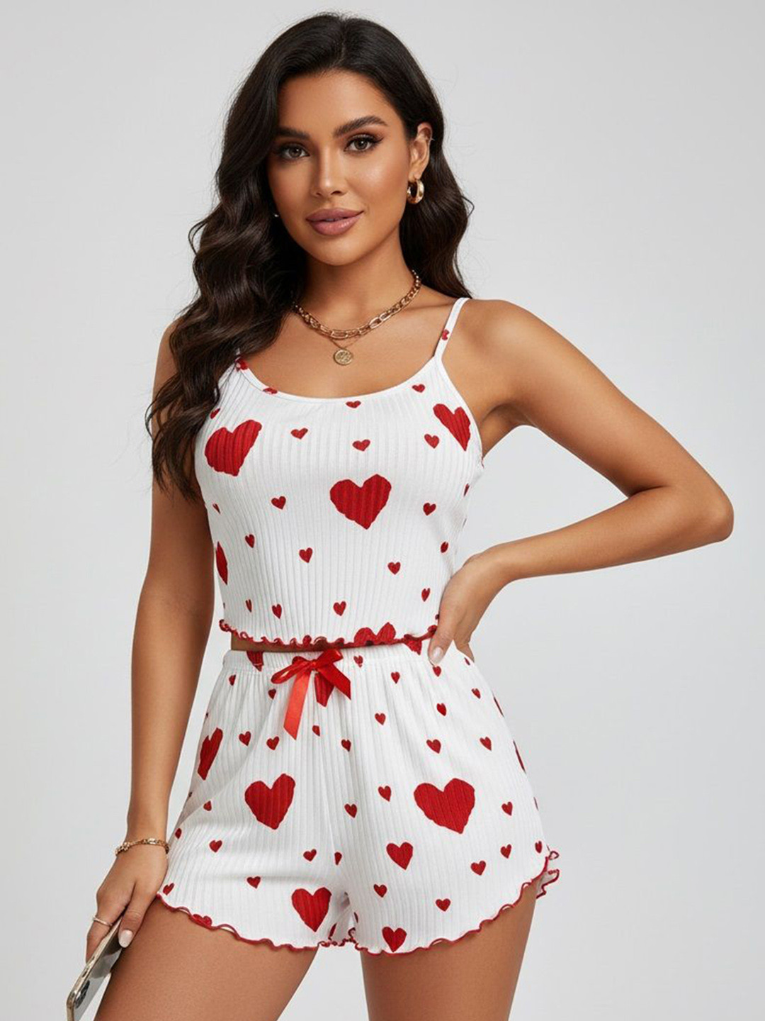 Caracola Women Geometric Printed Cami & Shorts Set Lace Night suit