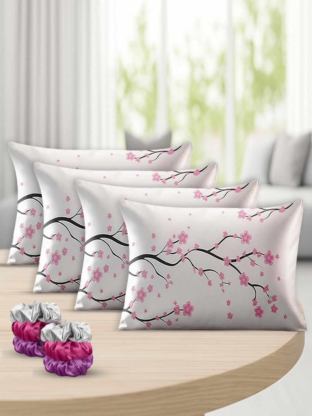 GRISHVA White & Pink 4 Pieces Self Design Pure Silk Rectangle Pillow Covers