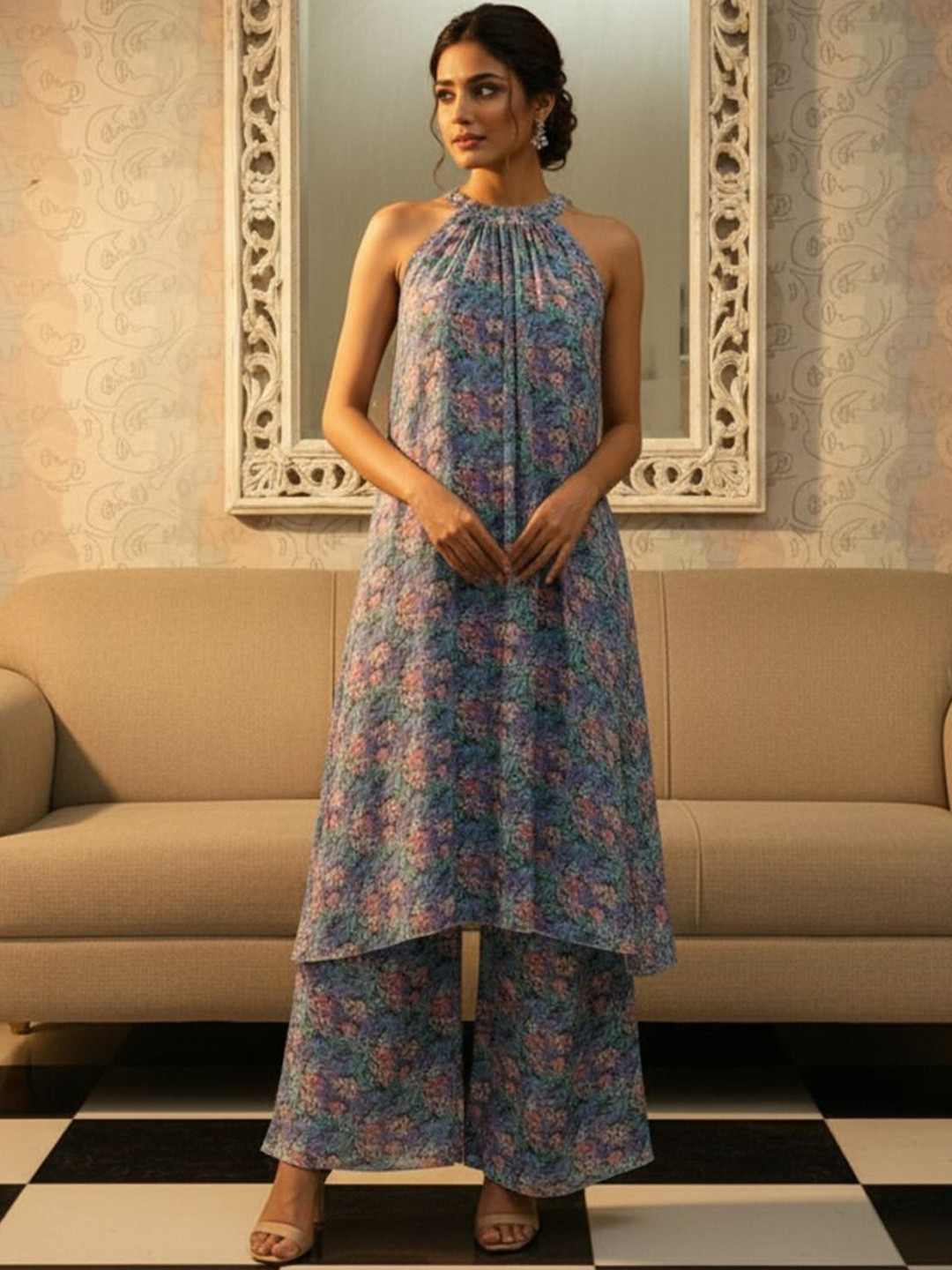 Loomfresh Samira Floral Printed Halter Neck Pure Cotton Tunic With Palazzo