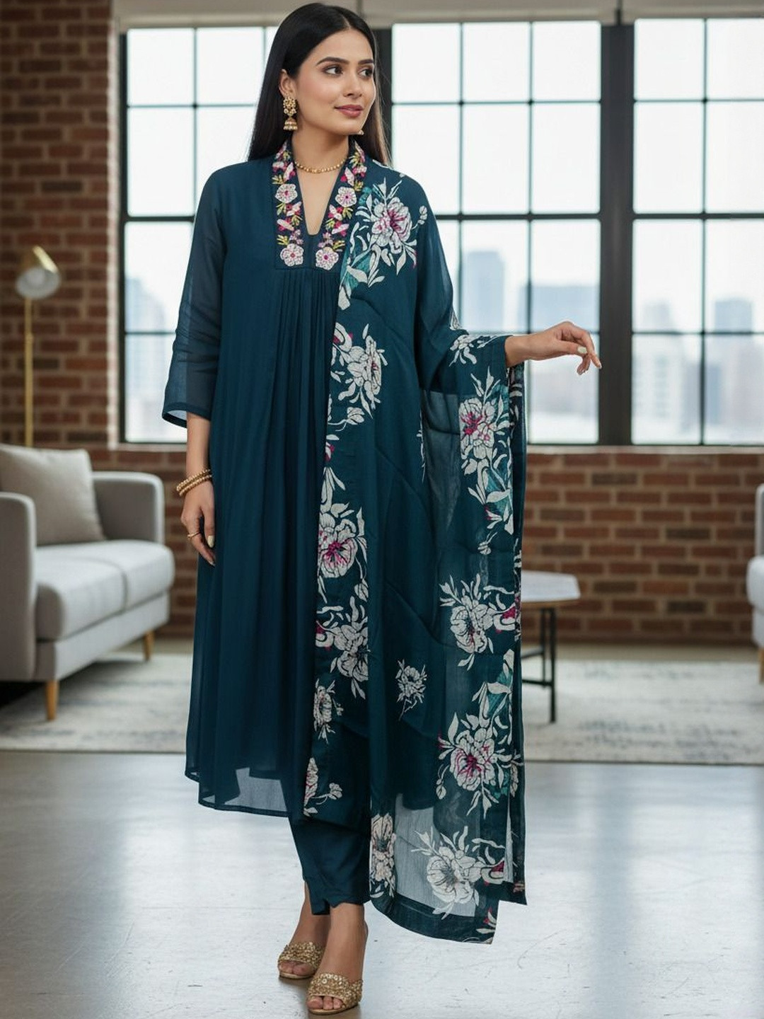 MEHARIKA Floral Yoke Design V-Neck Thread Work Chinon Kurta With Trousers & Dupatta