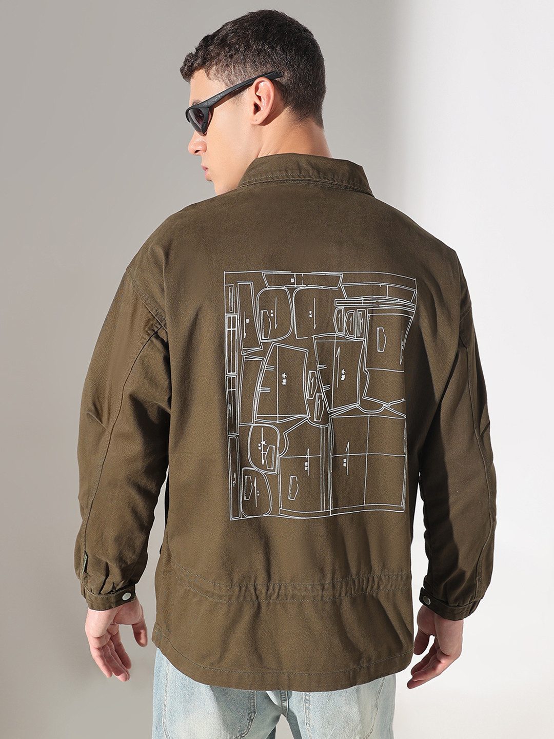 SHOWOFF Men Olive Graphic Print Utility Casual Wear Jacket