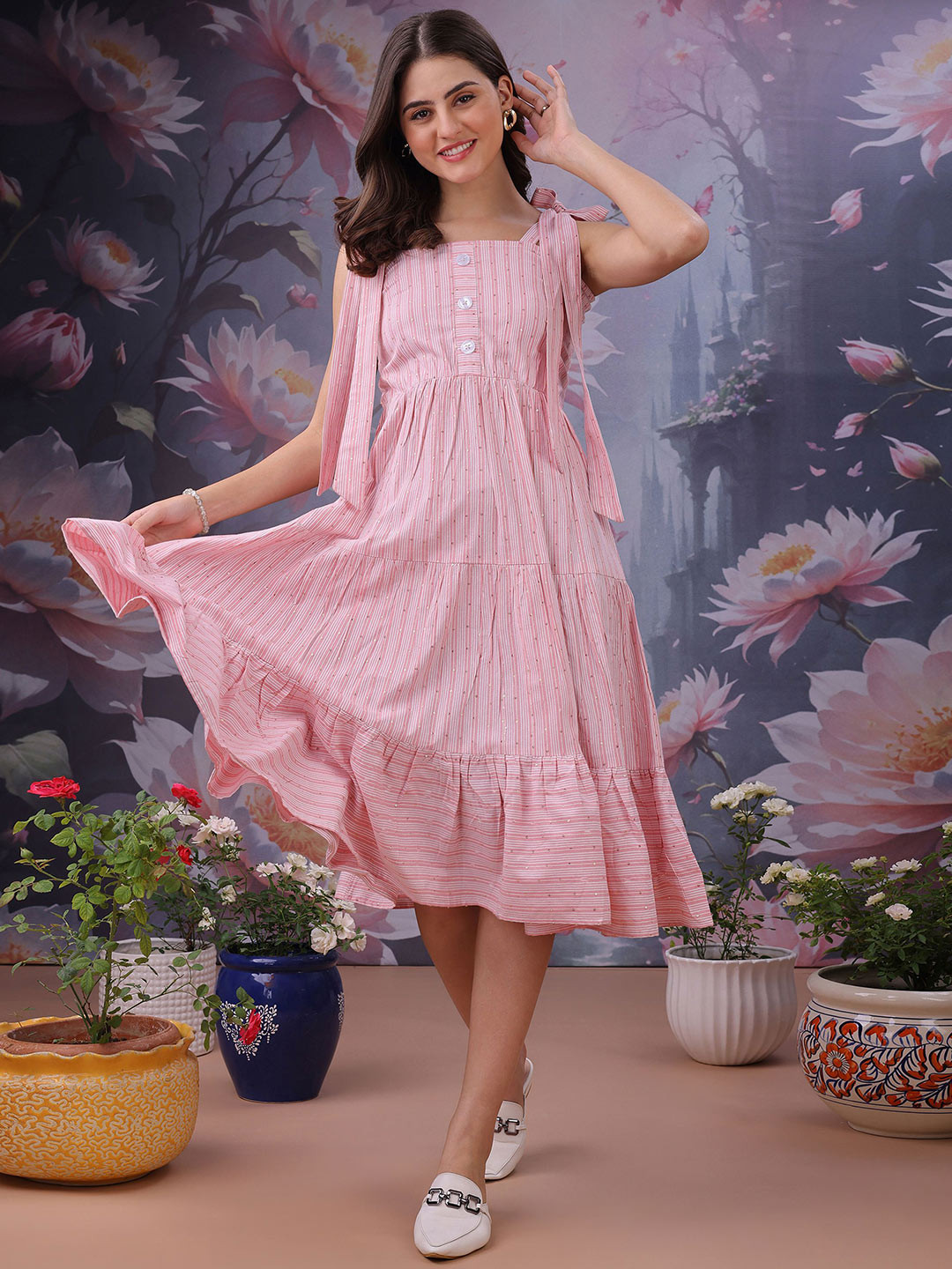 YANAMORA Women Striped Shoulder Straps Tiered Sequined Fit & Flare Dress