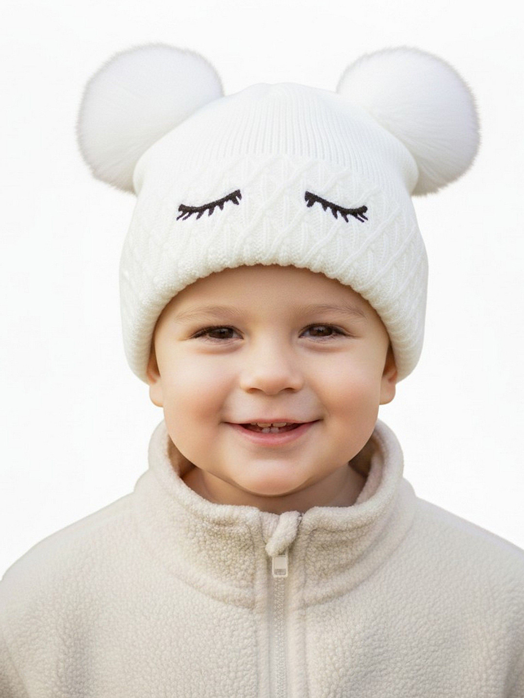 Infispace Kids Self Design Beanie with Double Pompoms and Warm Fur Lining