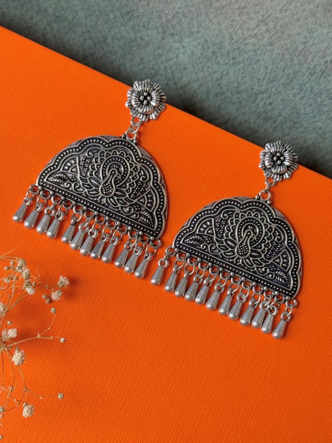 Jhumki Wala Oxidised Peacock Engraved Drop Earrings