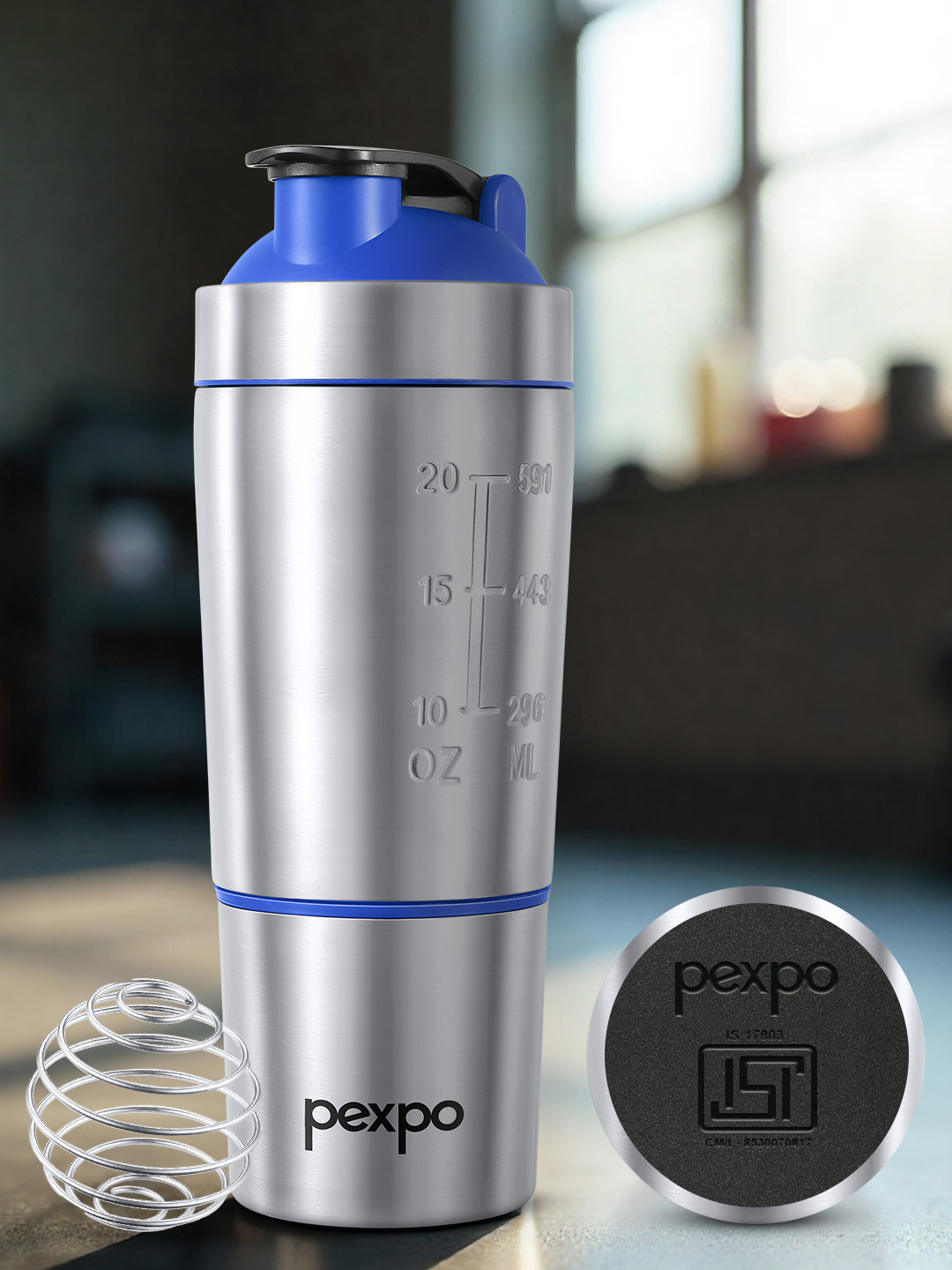 Pexpo Kinetic Silver-Toned Brand Logo Printed Stainless Steel Water Bottle-700+150ml