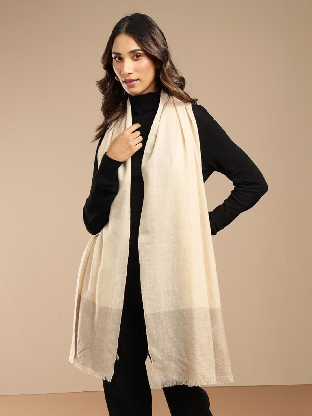 Fabindia Women Woven Design Natural Cashmere Stole