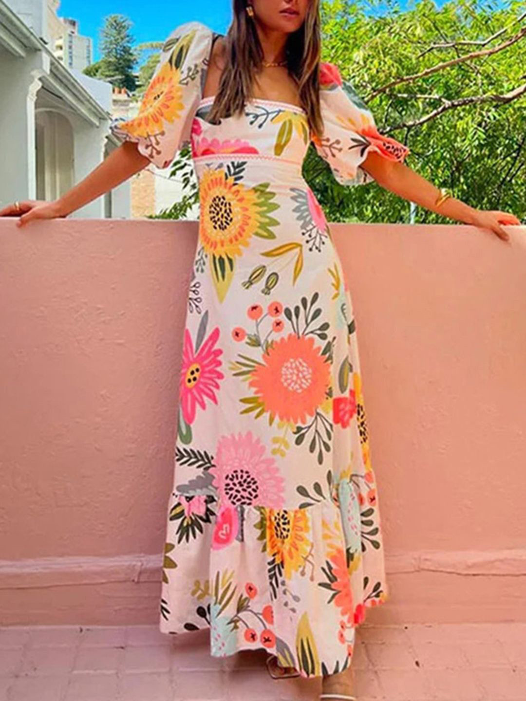 KPOP Women Square Neck Floral Print Puff Sleeve Ruffled Maxi Dress