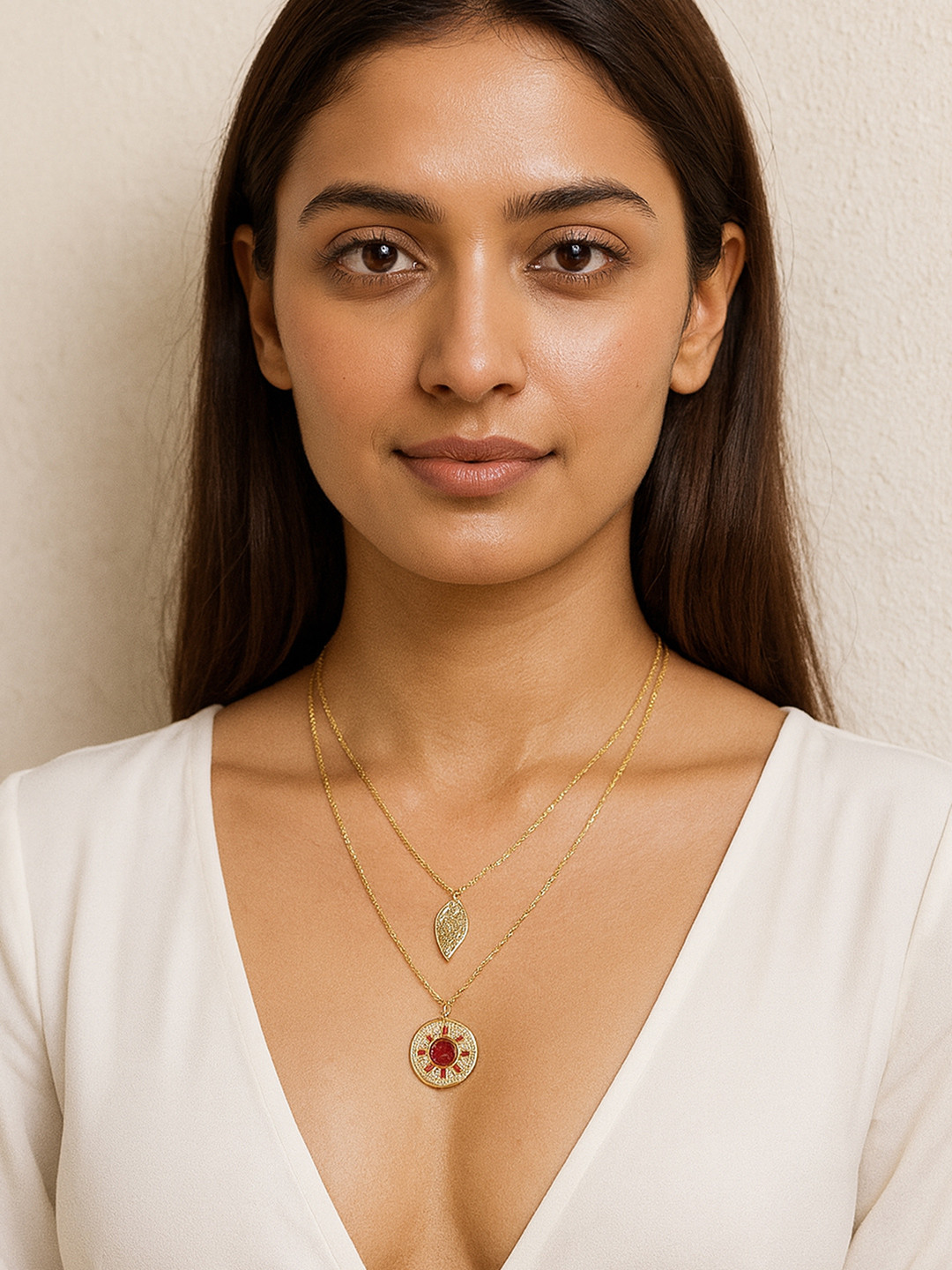 Bohey by KARATCART Gold-Plated Sun & Leaf Multicharm Layered Chain