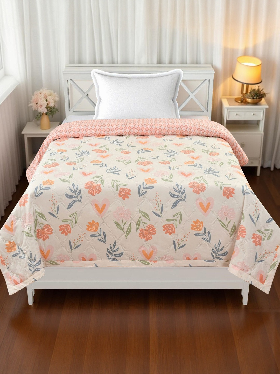 Aura Ulta sonic Orange & Green Floral AC Room 300 GSM Cotton Single Comforter