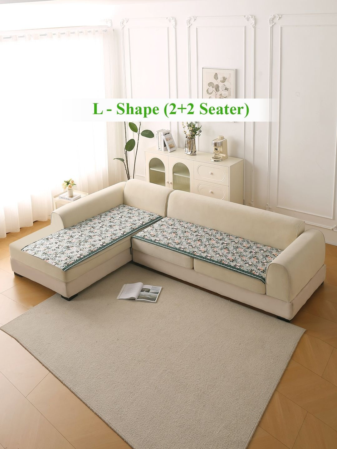 HOKIPO Florentina Series Magnolia Green 2 Pieces Holland Velvet L Shape 4Seater Sofa Cover