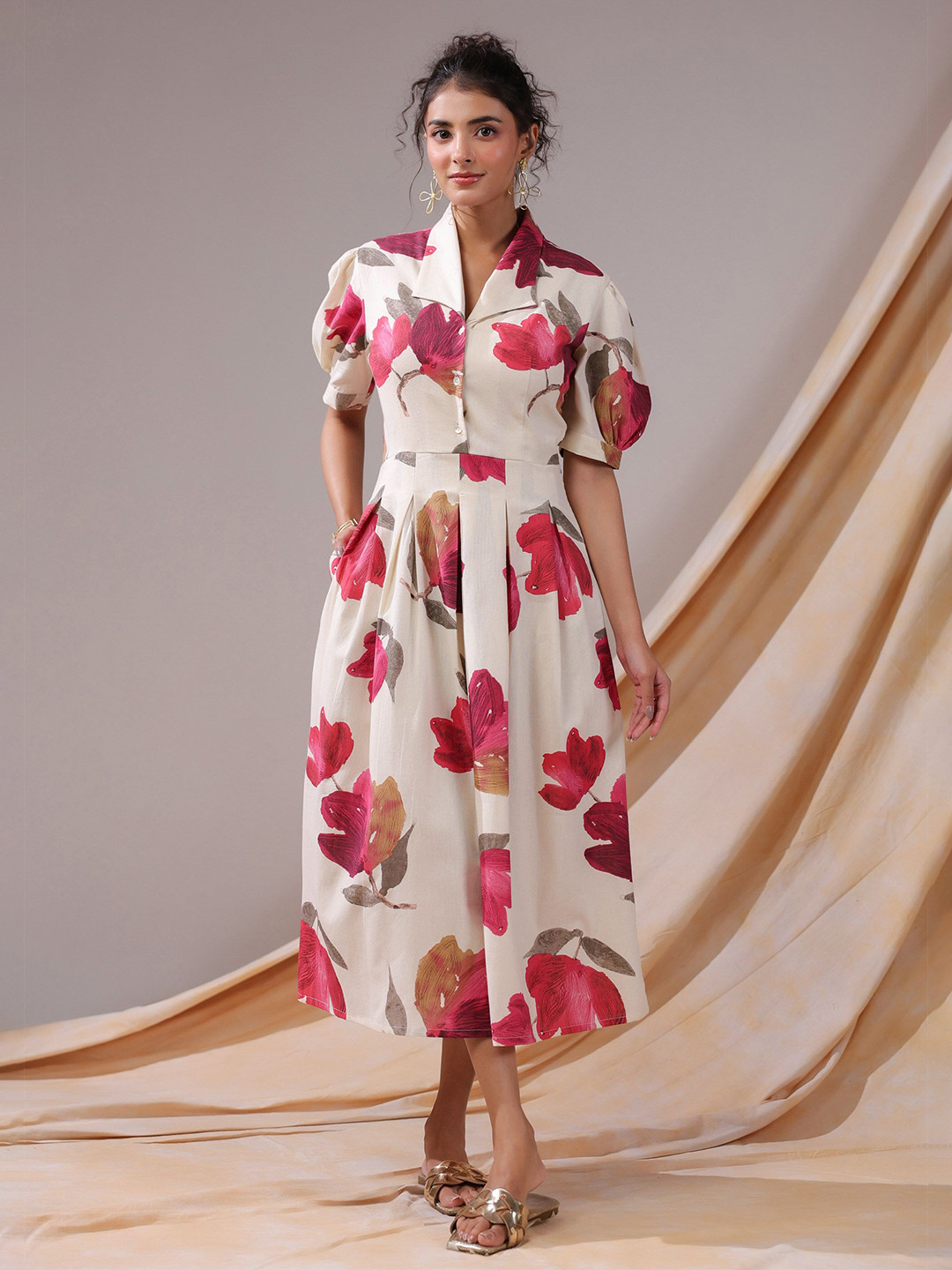 JISORA Women Floral Print Shirt Collar Short Sleeves Fit and Flare Midi Dress