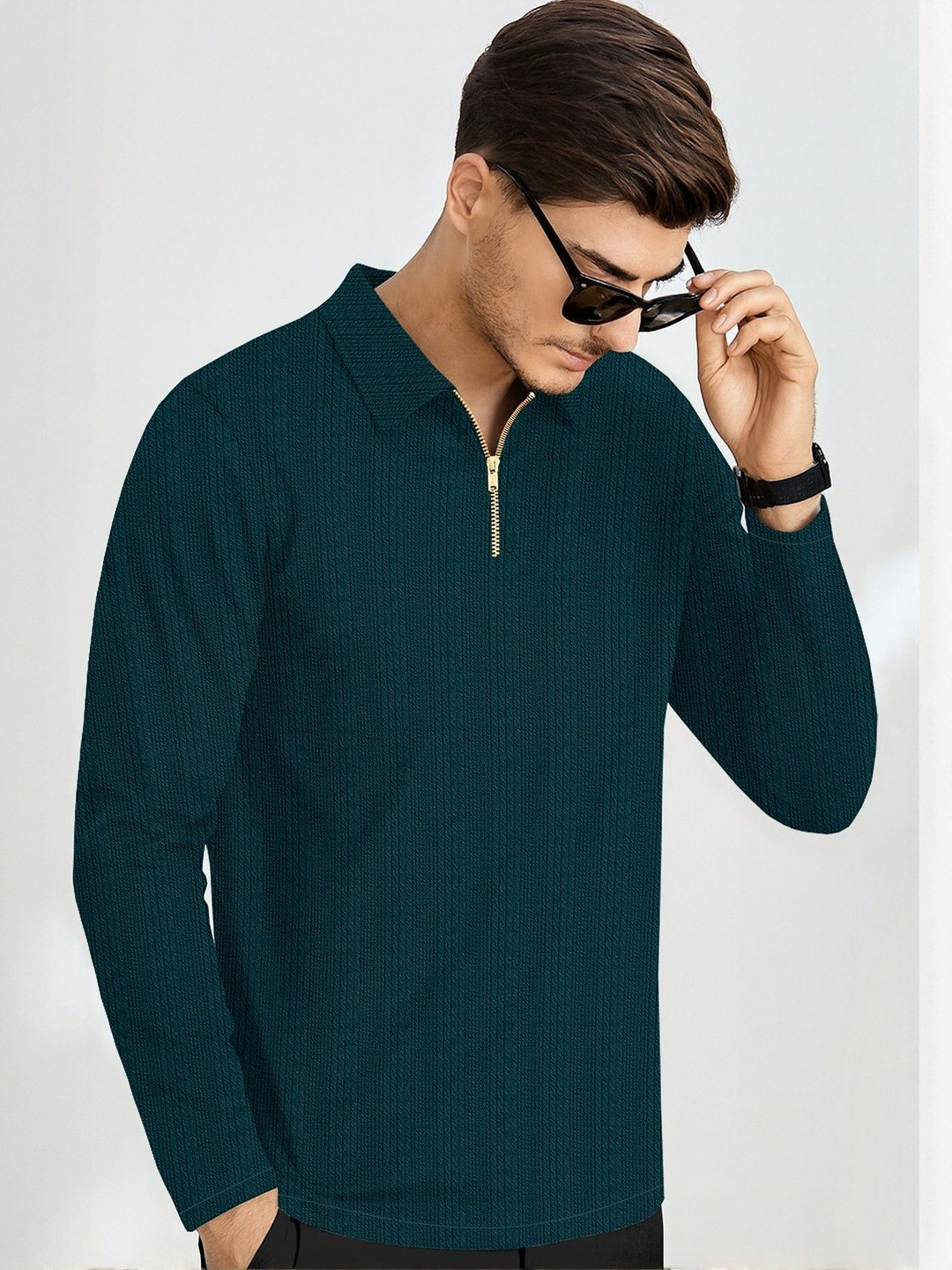 HAPPY KHAJANA Men Self Design Polo Zipper Chain Regular Fit T-shirt