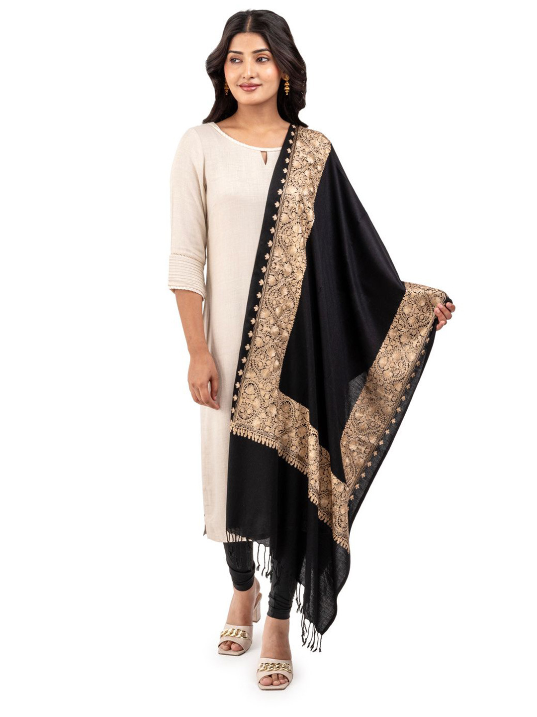 Naureen Women Intricate Floral Embroidery Pashmina Stole with Fringed Border