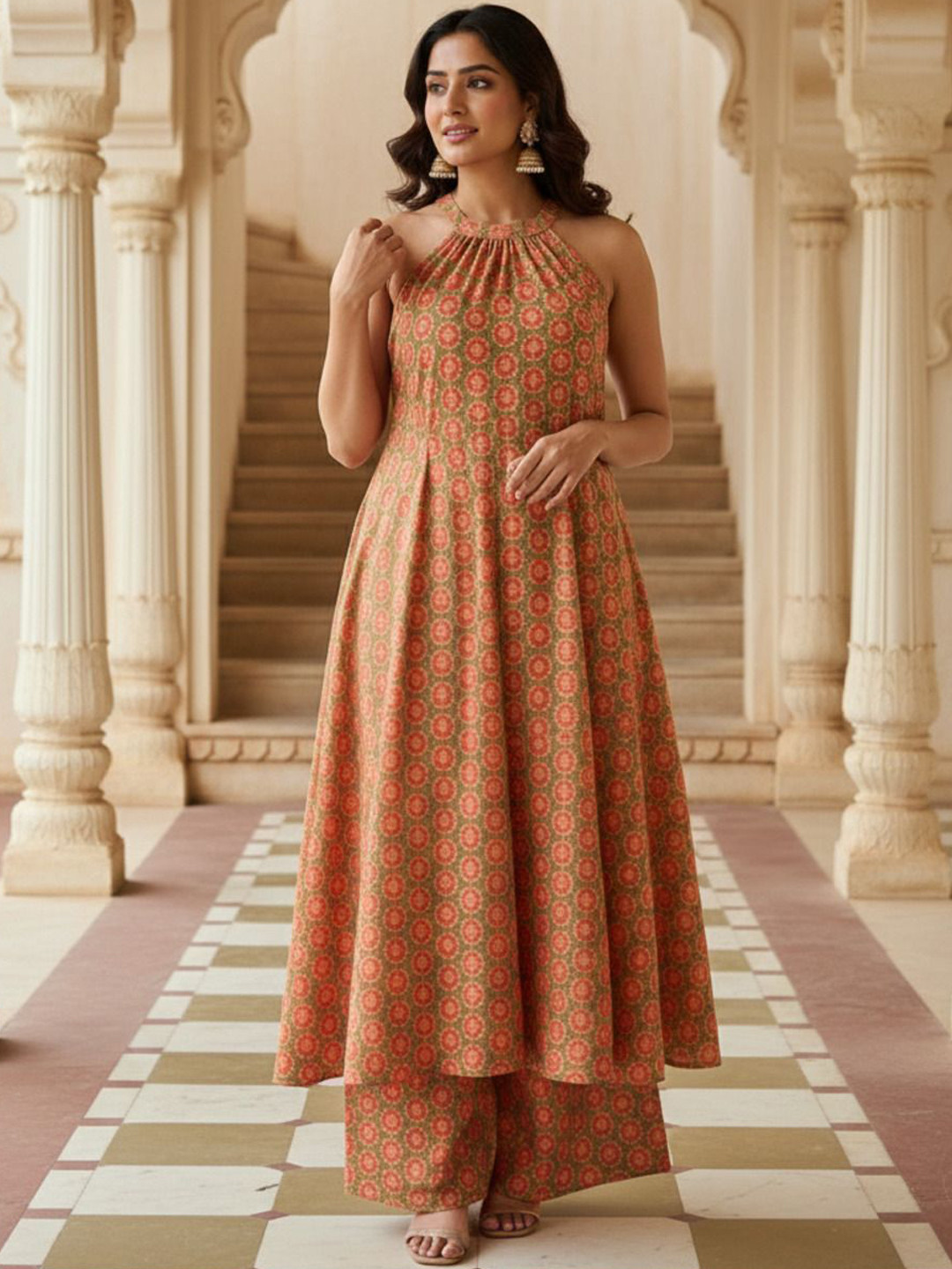 Loomfresh Ziyana Floral Printed Halter Neck Pure Cotton Tunic With Palazzo