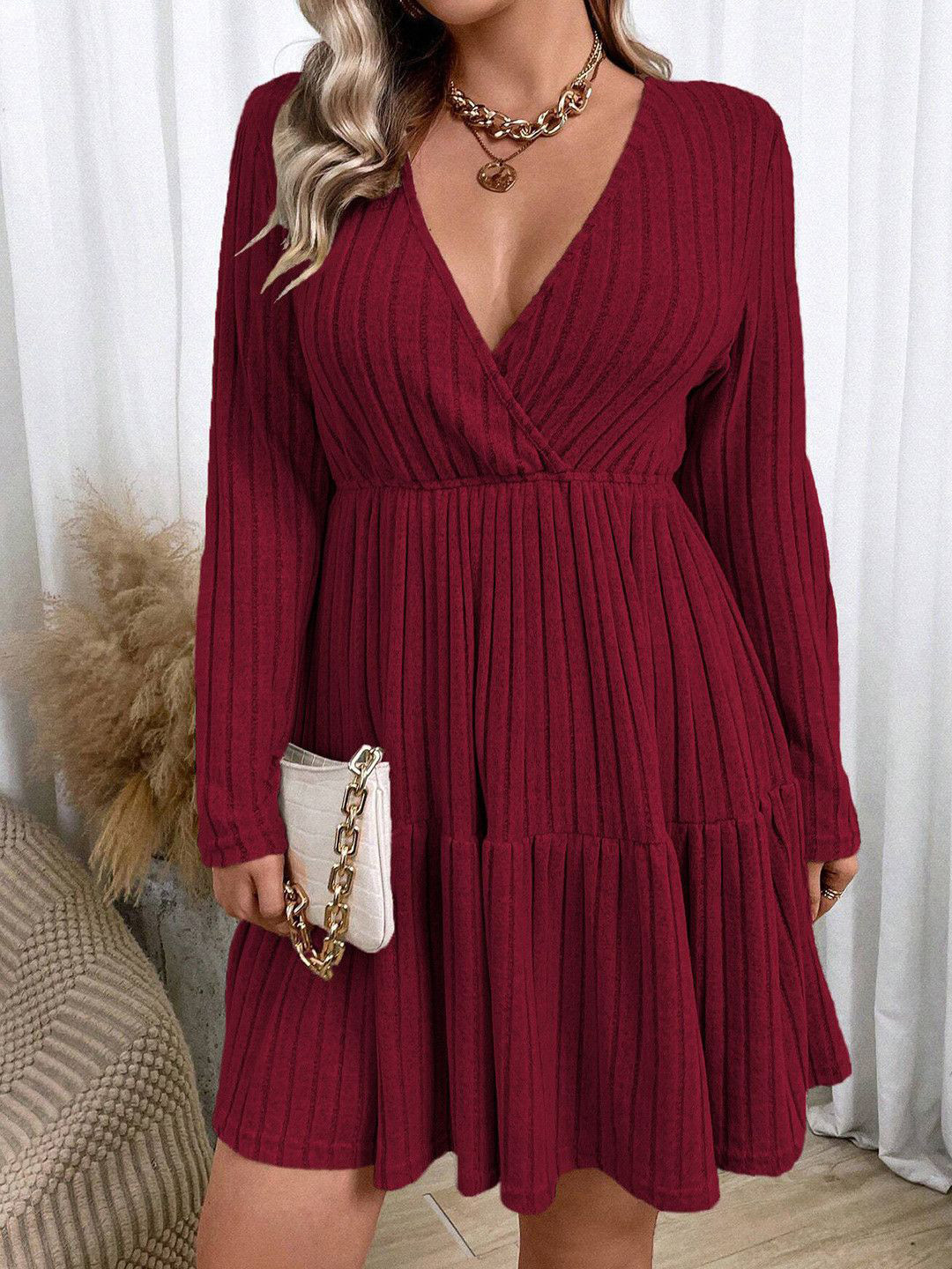 Maroon Solid Tiered Fit & Flare Dress with Long Sleeves