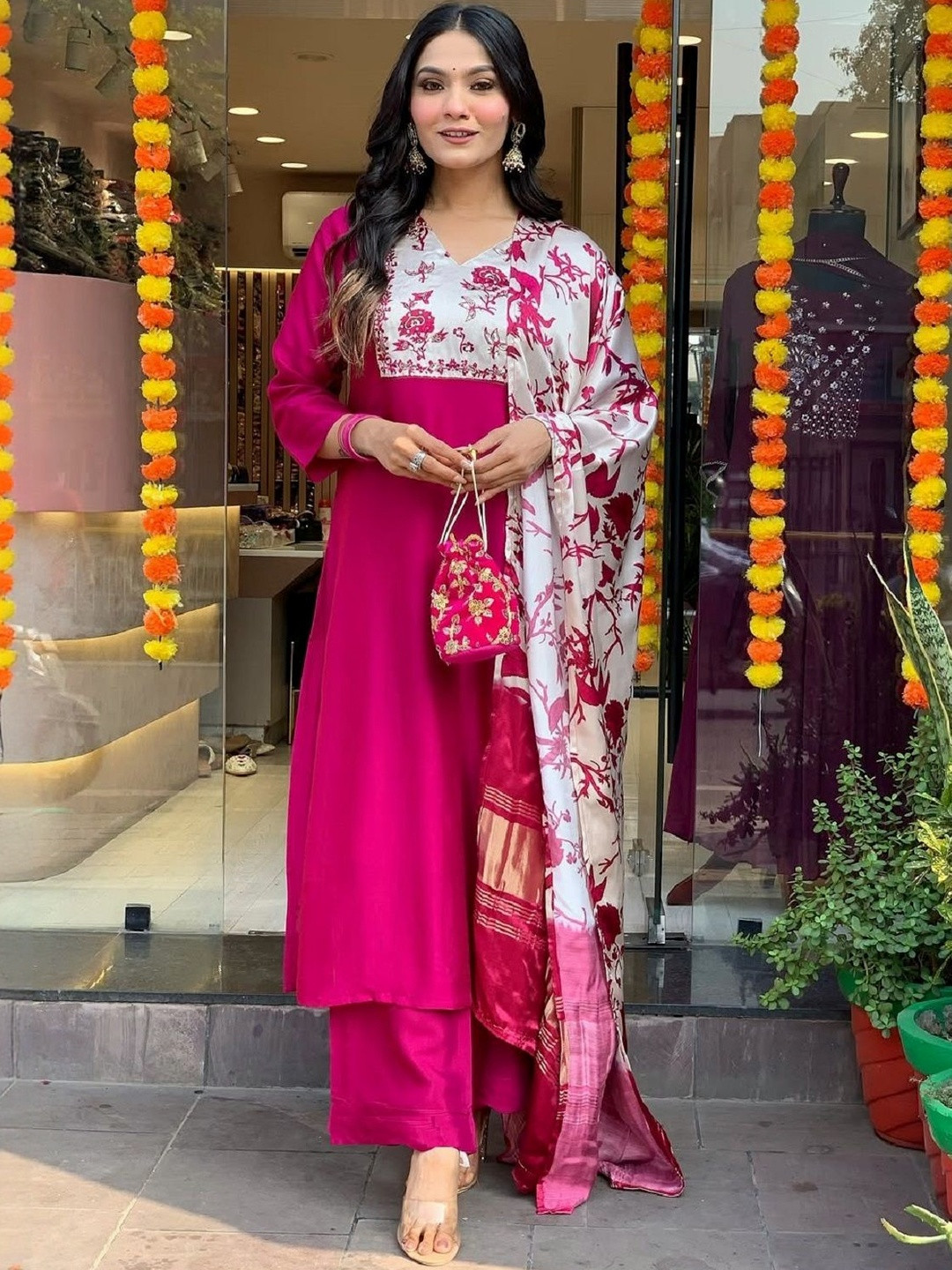 DWIJA FASHION Yoke Design V-Neck Thread Work Straight Kurta With Palazzos & Dupatta