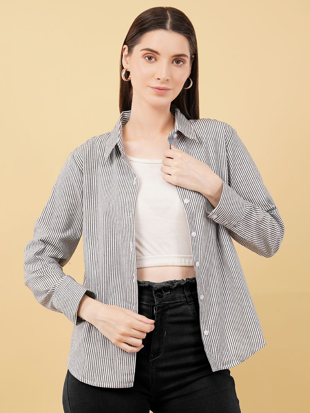 Swaggish Women New Fit Vertical Striped Spread Collar Cotton Casual Shirt