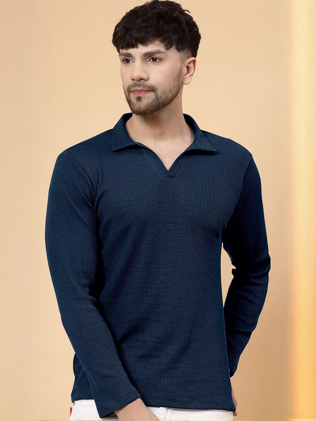 HAPPY KHAJANA Self Design Polo Collar Long Sleeves T-shirt