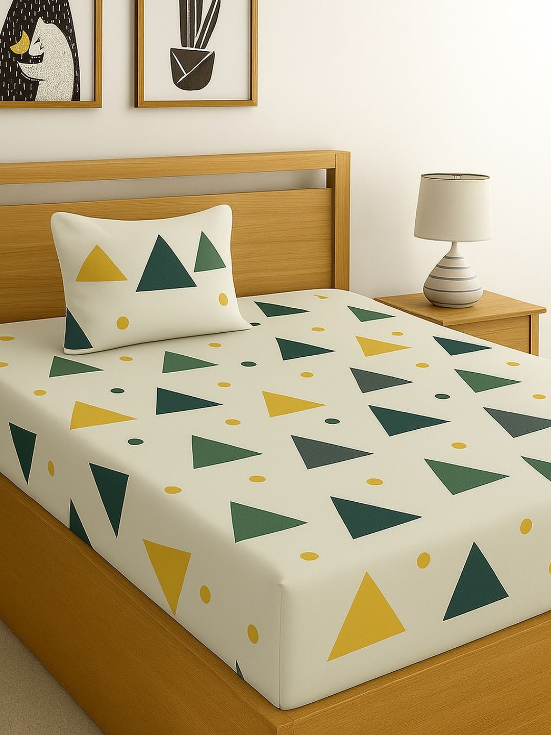 INDHOME LIFE White & Teal Geometric Printed 210 TC Single Bedsheet Set - 0.91 m x 1.98 m
