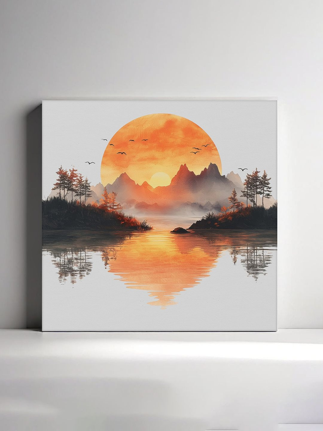 RANDOM White & Orange Sun Setting Behind Misty Mountains Canvas Wall Art