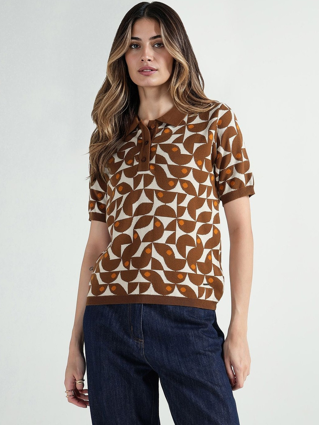 ELLE Geometric Printed Polo Collar Pure Cotton Regular Fit T-shirt