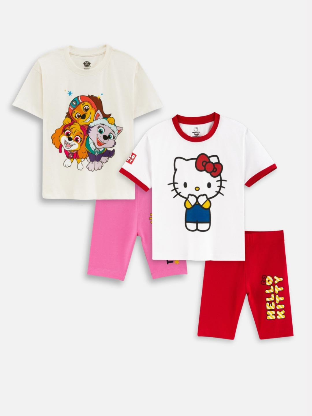 Nap Chief Girls Pack Of 2 Hello Kitty and Pups Printed Pure Cotton T-shirt With Shorts