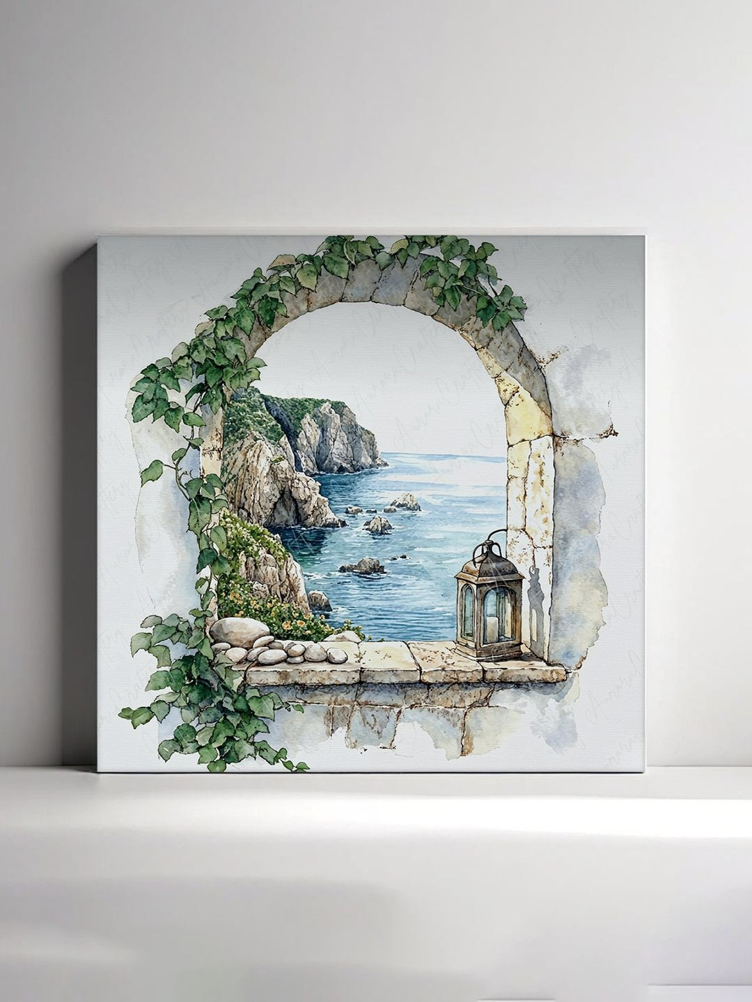 RANDOM White & Green Scenic Coastal View Through A Stone Archway Canvas Wall Art