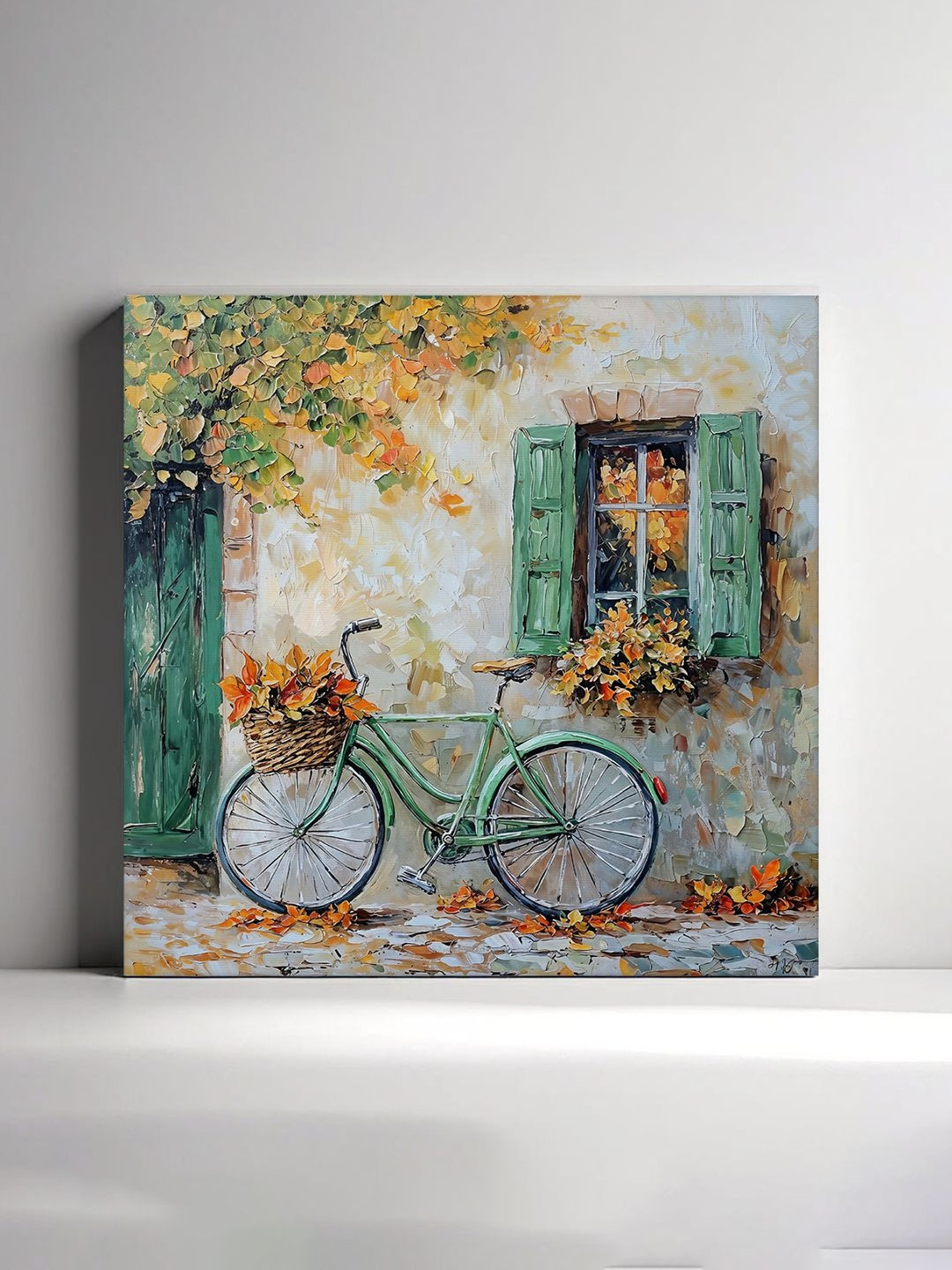 RANDOM White & Green Bicycle With Flowers Canvas Wall Art