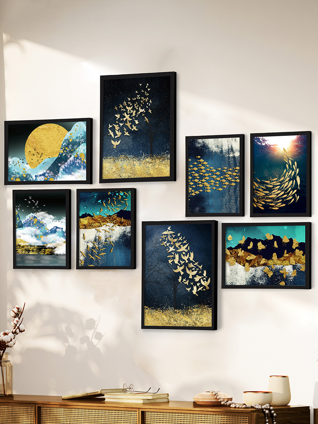 Art Street Blue & Gold-Toned 8 Pieces Ocean & Galaxy Themed Wall Arts