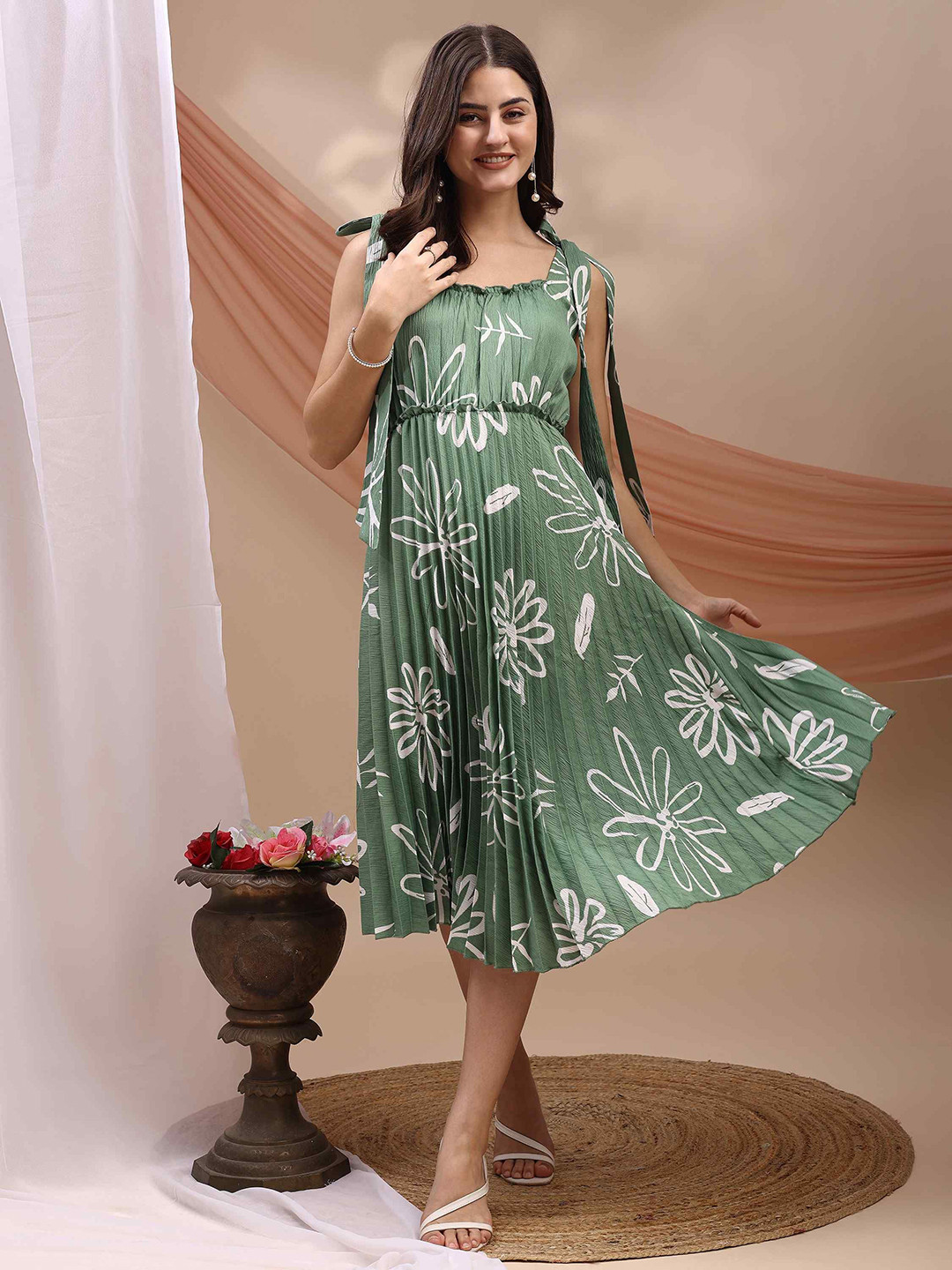 YANAMORA Floral Print Pleated Fit & Flare Midi Dress with Shoulder Tie-ups