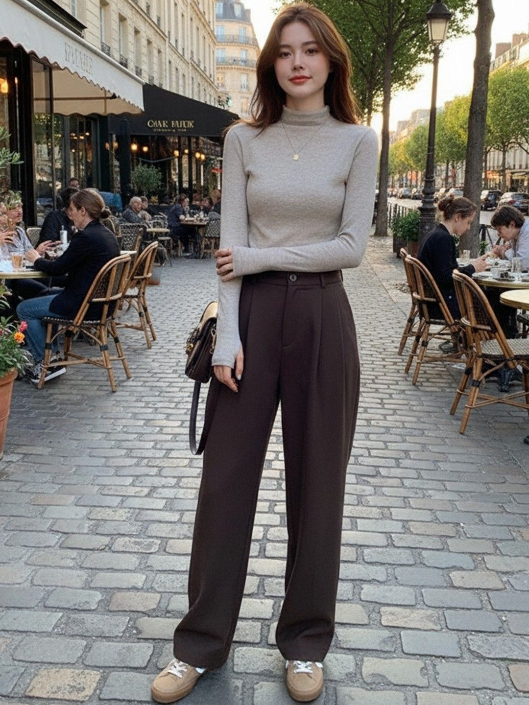 HERE&NOW Oatmeal Women High Neck Regular Fit T-shirt