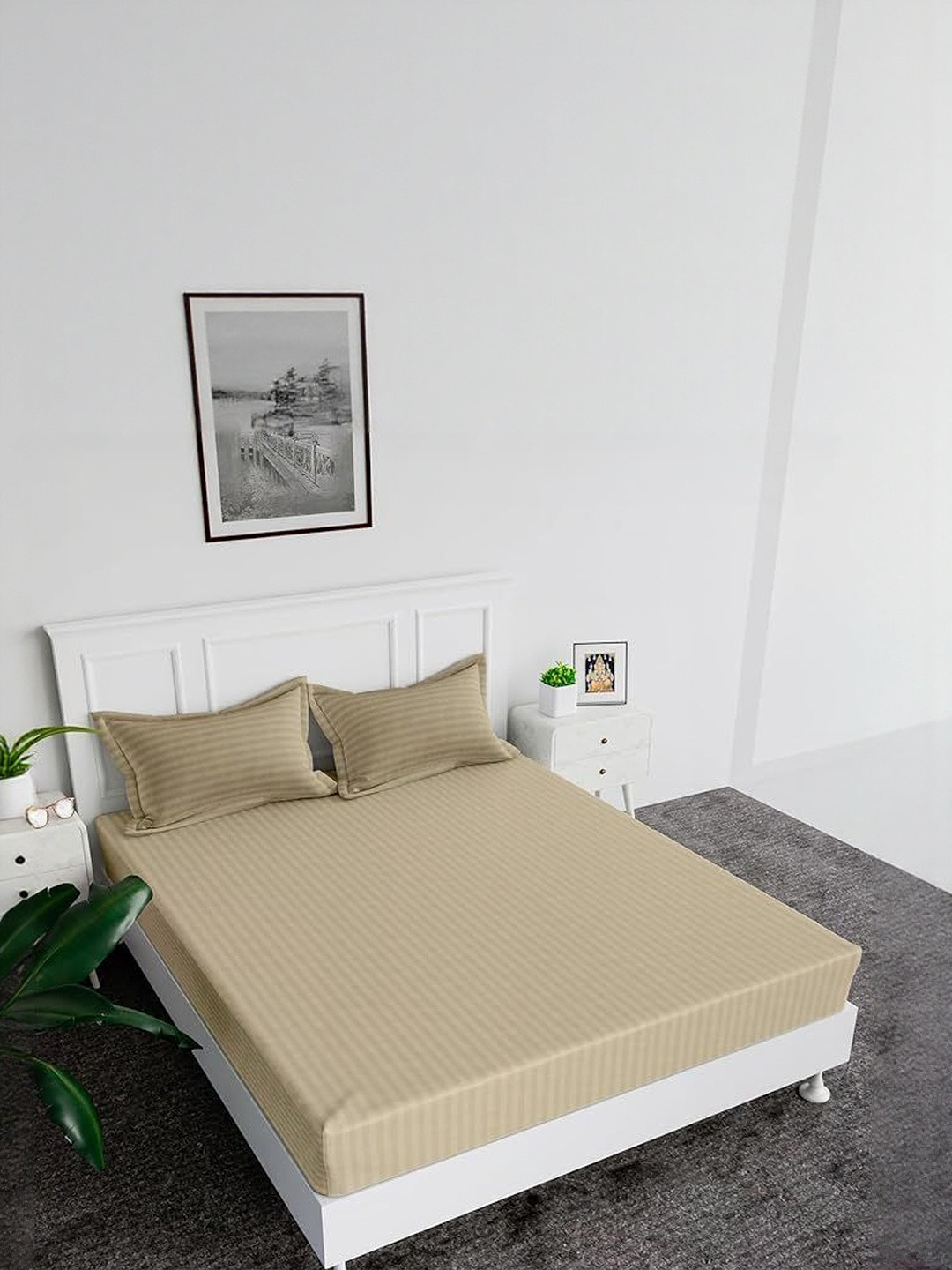 LUZDECOR Beige Striped Satin 240 TC Queen Bedsheet Set 2.29 m x 2.54 m
