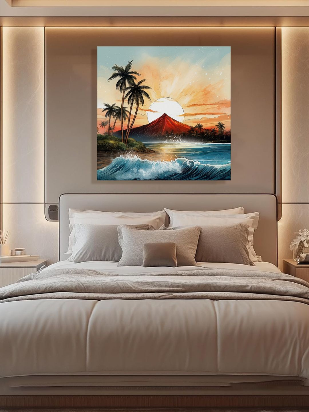 RANDOM Blue & Green Tropical Sunset Beach Scene Canvas Wall Art