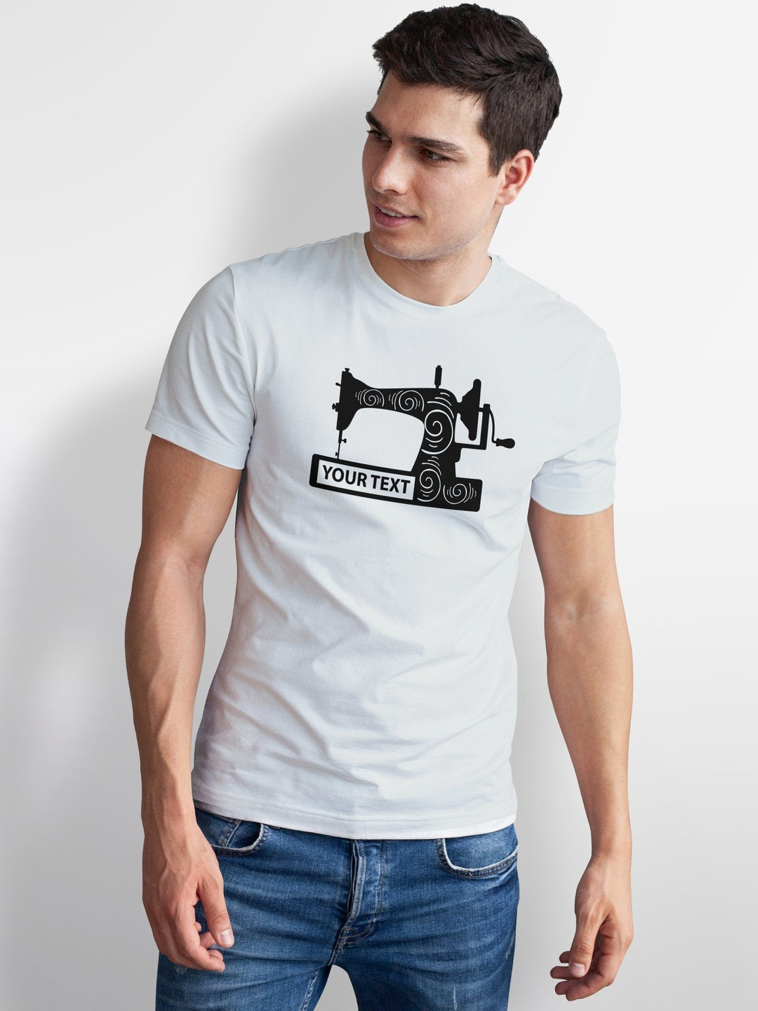 Seekbuylove Men Vintage Sewing Machine Printed Short Sleeves Bio Finish Cotton T-shirt