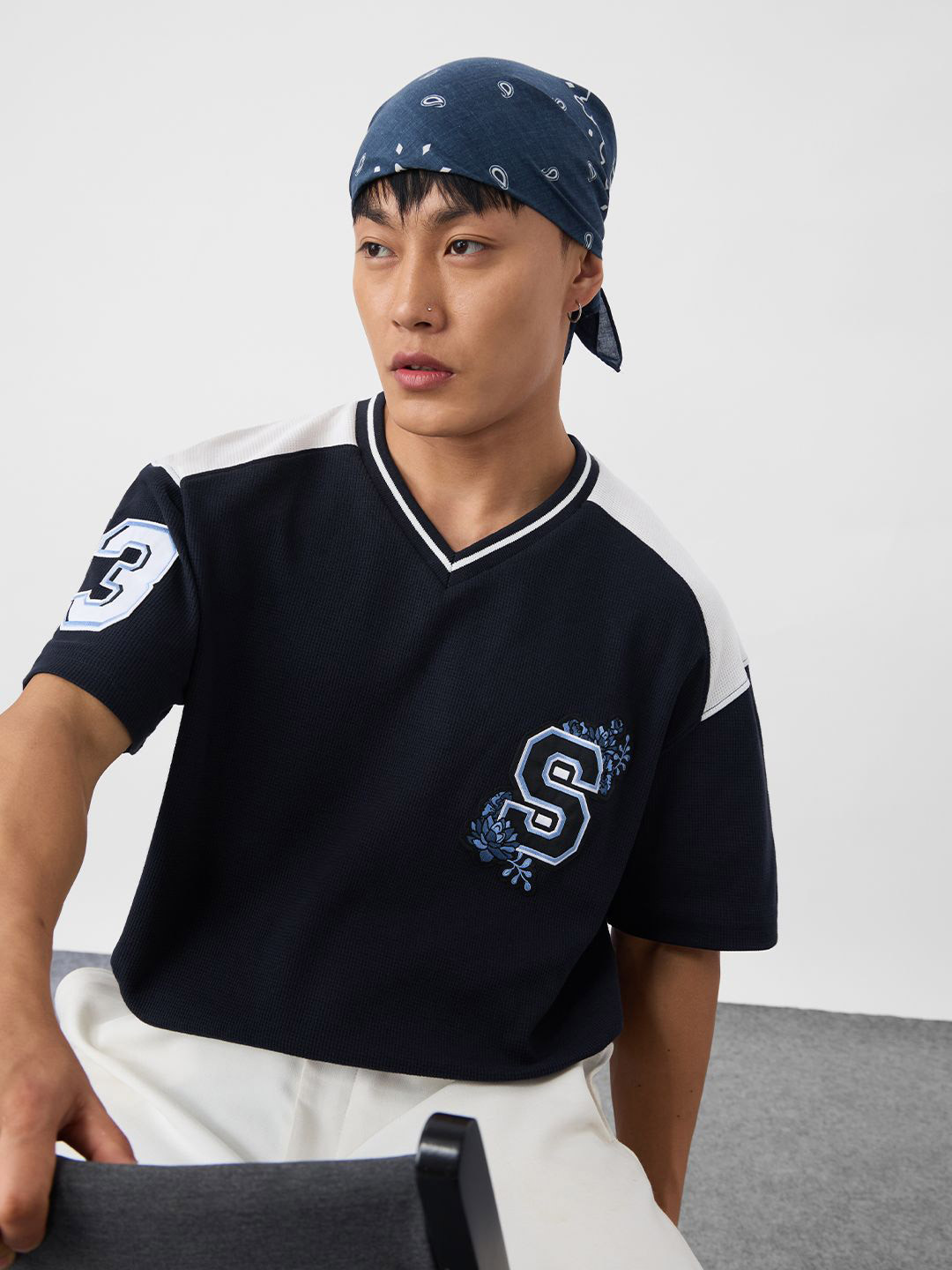 The Souled Store Men Self Design V-Neck Oversized T-shirt