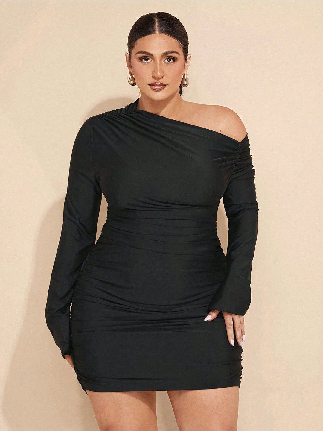 KPOP Women Plus Size One Shoulder Long Sleeves Bodycon Mini Dress