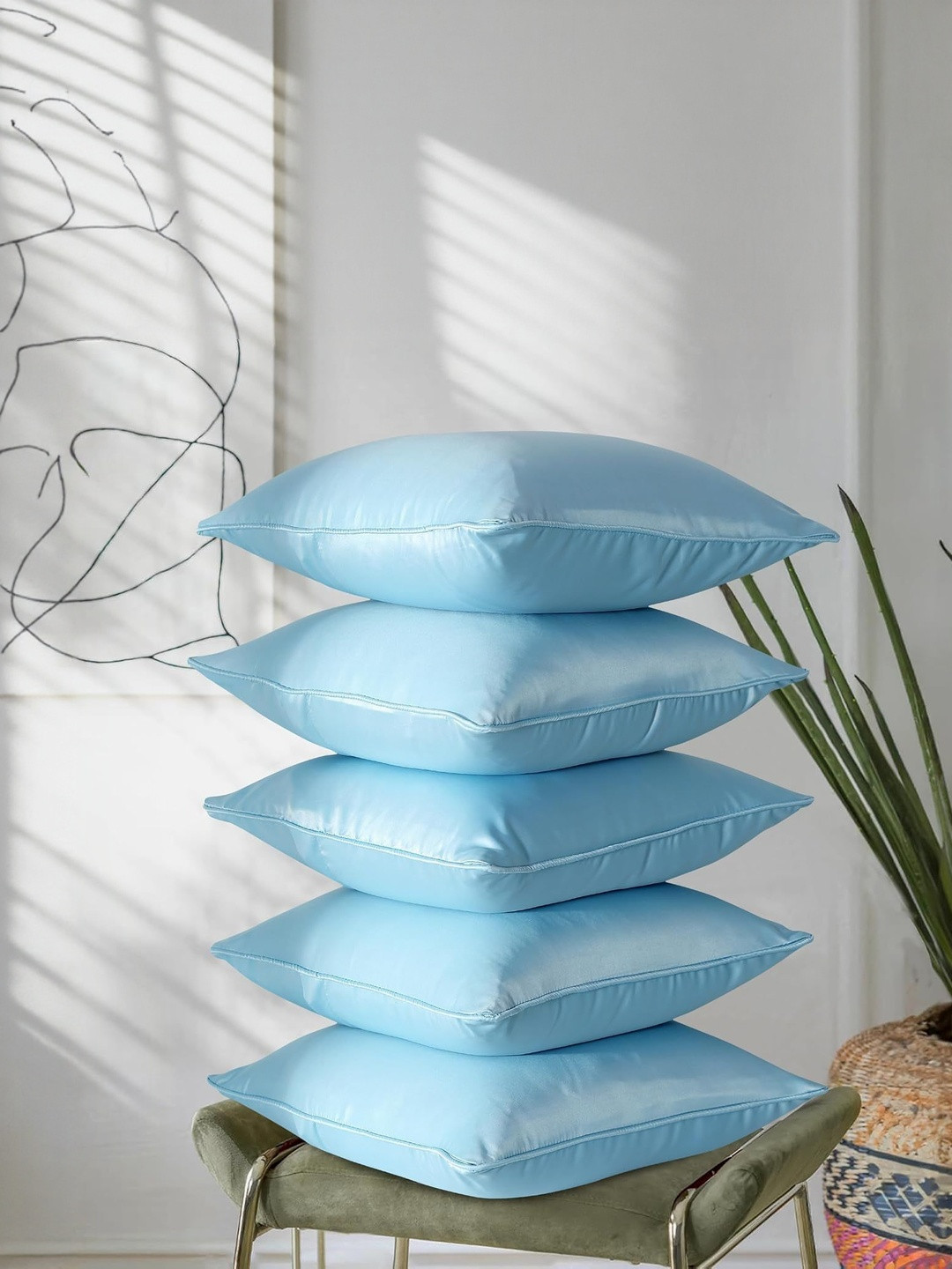 RD TREND Turquoise Blue 5 Pieces Square Satin Cushion Covers