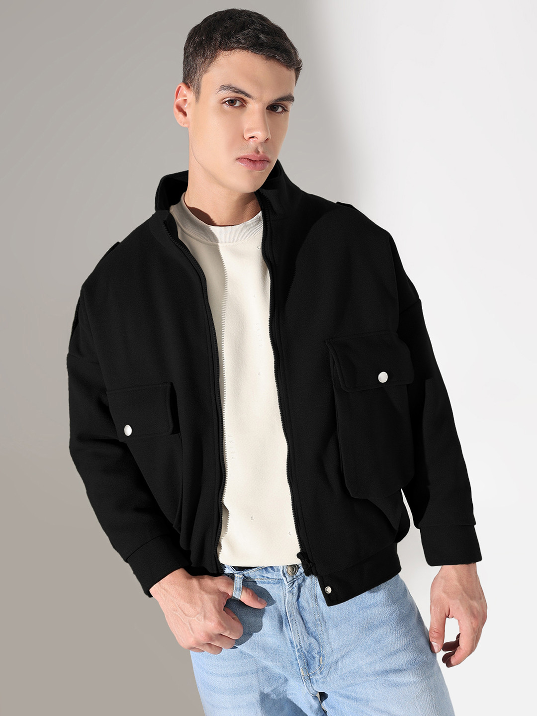 SHOWOFF Men Solid Black Fleece Jacket