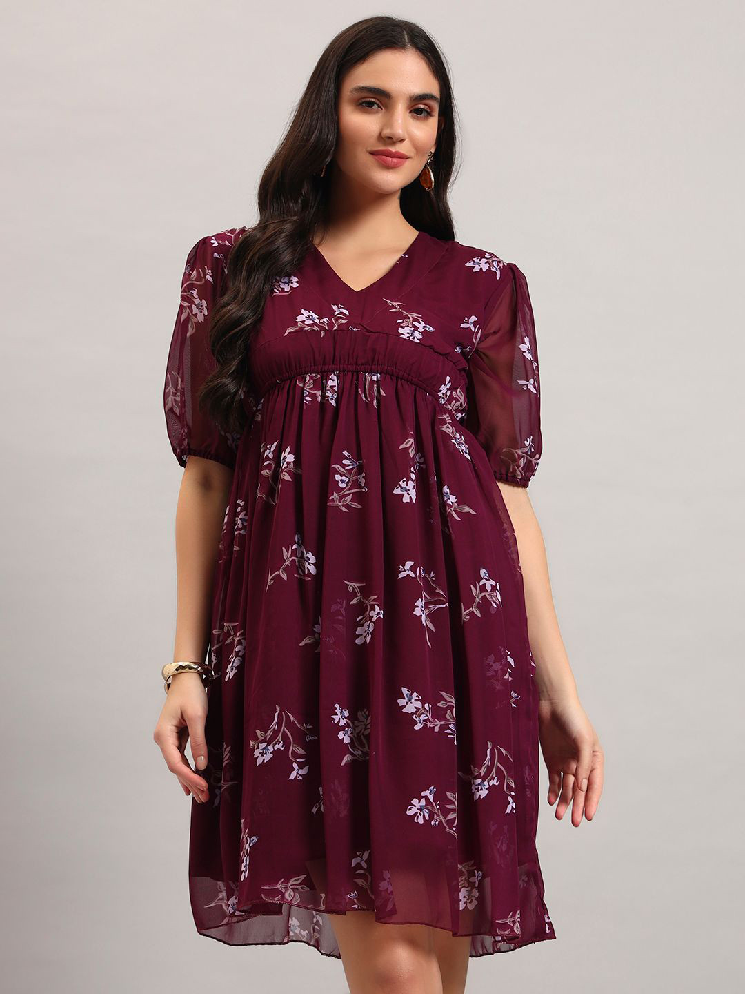 ROSEMELON Women Floral Printed Puff Sleeves V-Neck Empire Dress