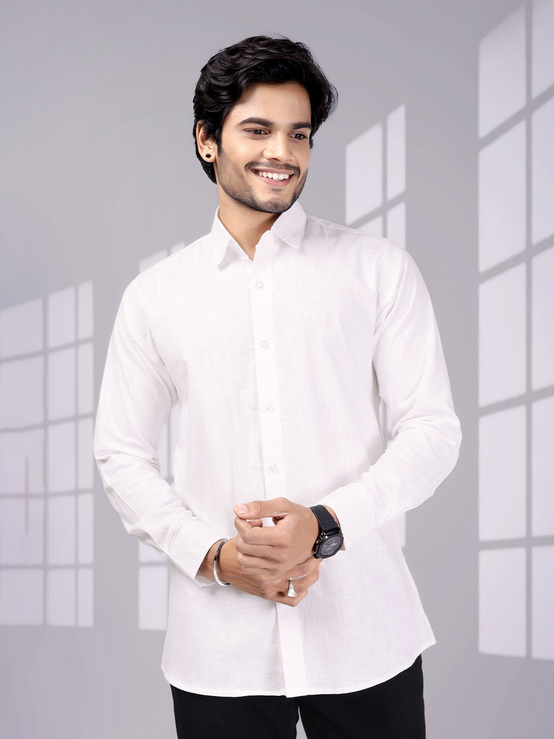 RICH STAG Men Comfort Fit Solid Spread Collar Linen Casual Shirt