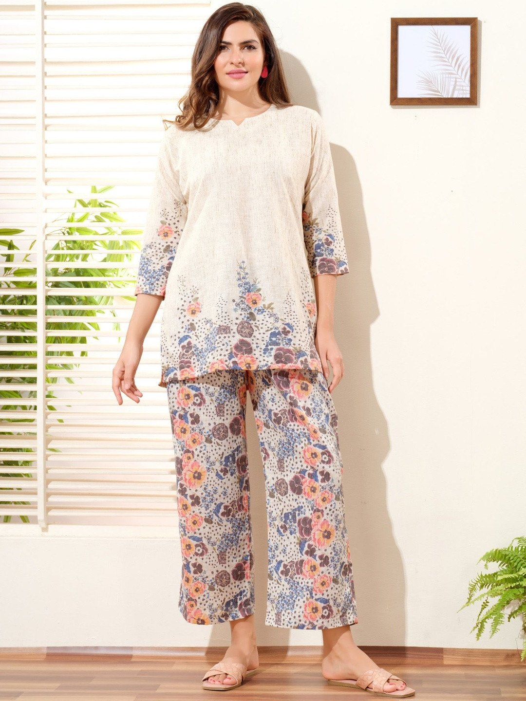 NIGHT FLOSS Women Floral Printed Knee Length Regular Linen Straight Kurta with Trousers