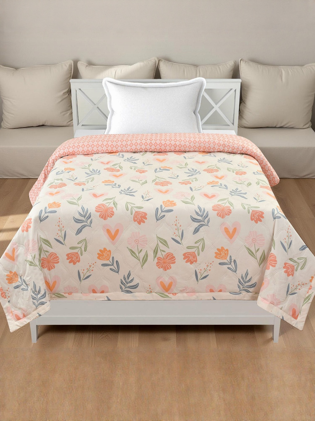 Aura Cream & Pink Floral Printed AC Room 210 GSM Ultra Sonic Cotton Comforter