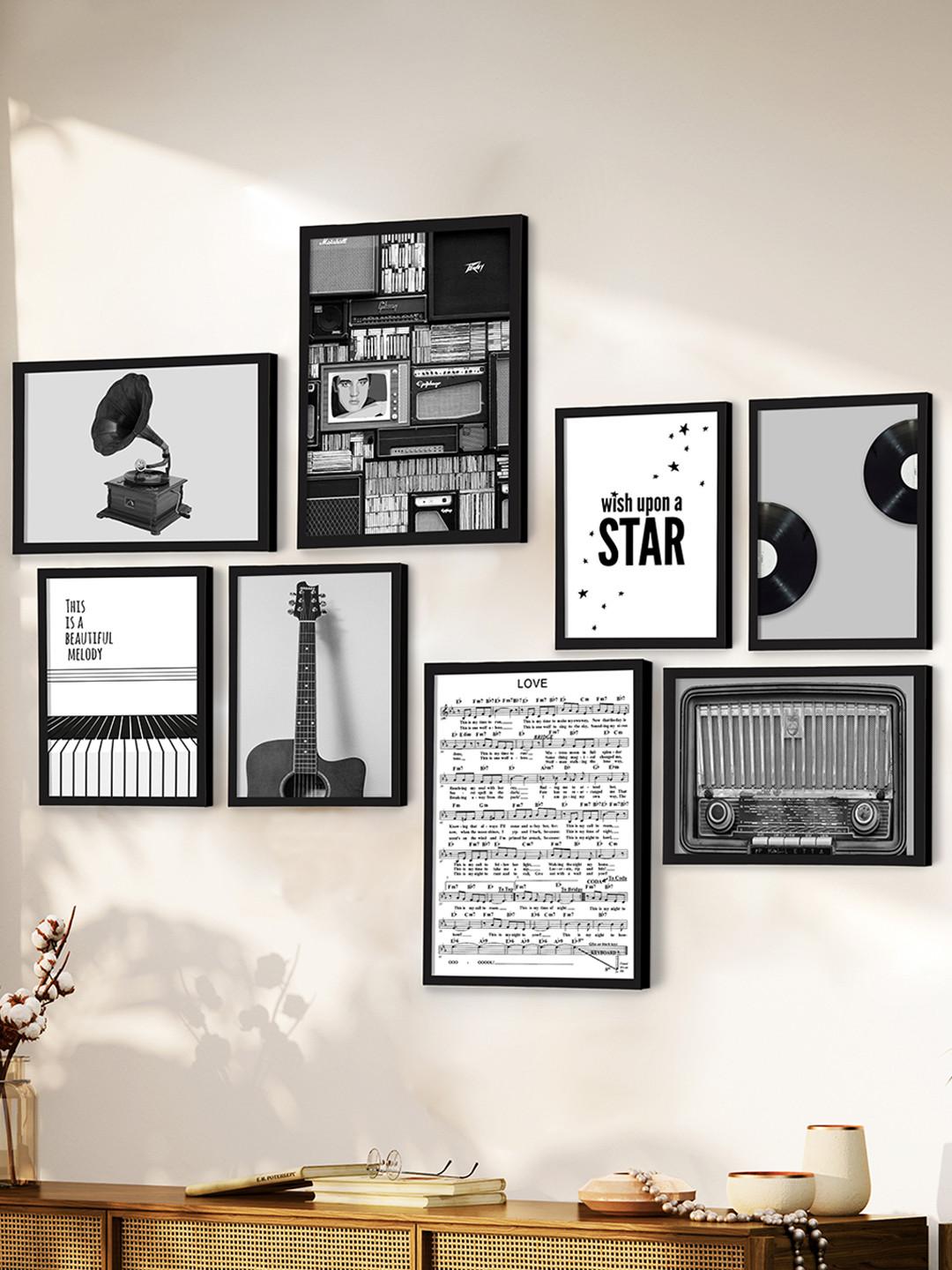 Art Street Set Of 8 Black & Grey Music Inspired Framed Wall Art