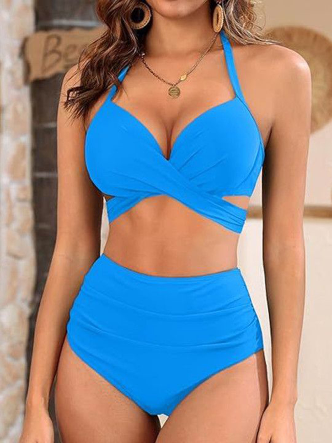 Scarlet Kiss Women Halter Neck Criss-Cross Cut-Out Padded Stretchable Swim Bikini Set