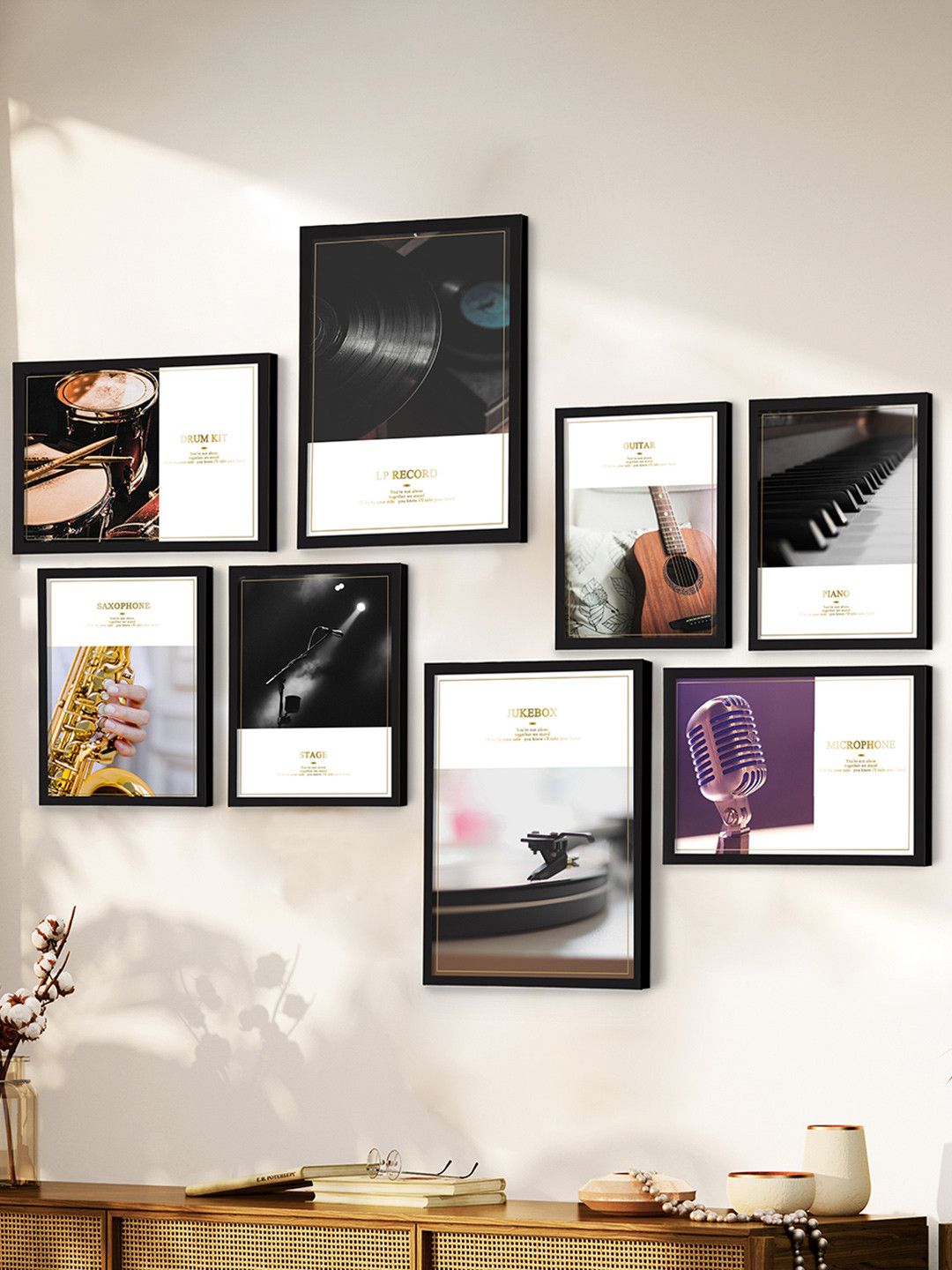 Art Street Black & White 8 Pieces Musical Instruments Themed Wall Arts