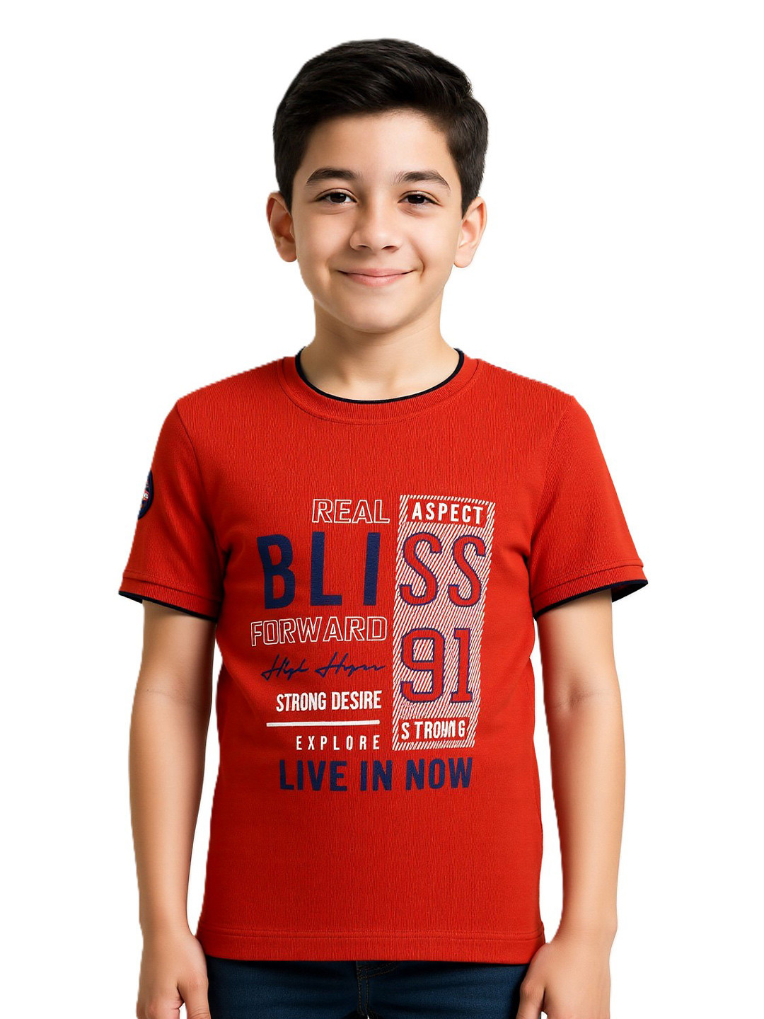 CAVIO Boys Red Typography Printed Applique T-shirt