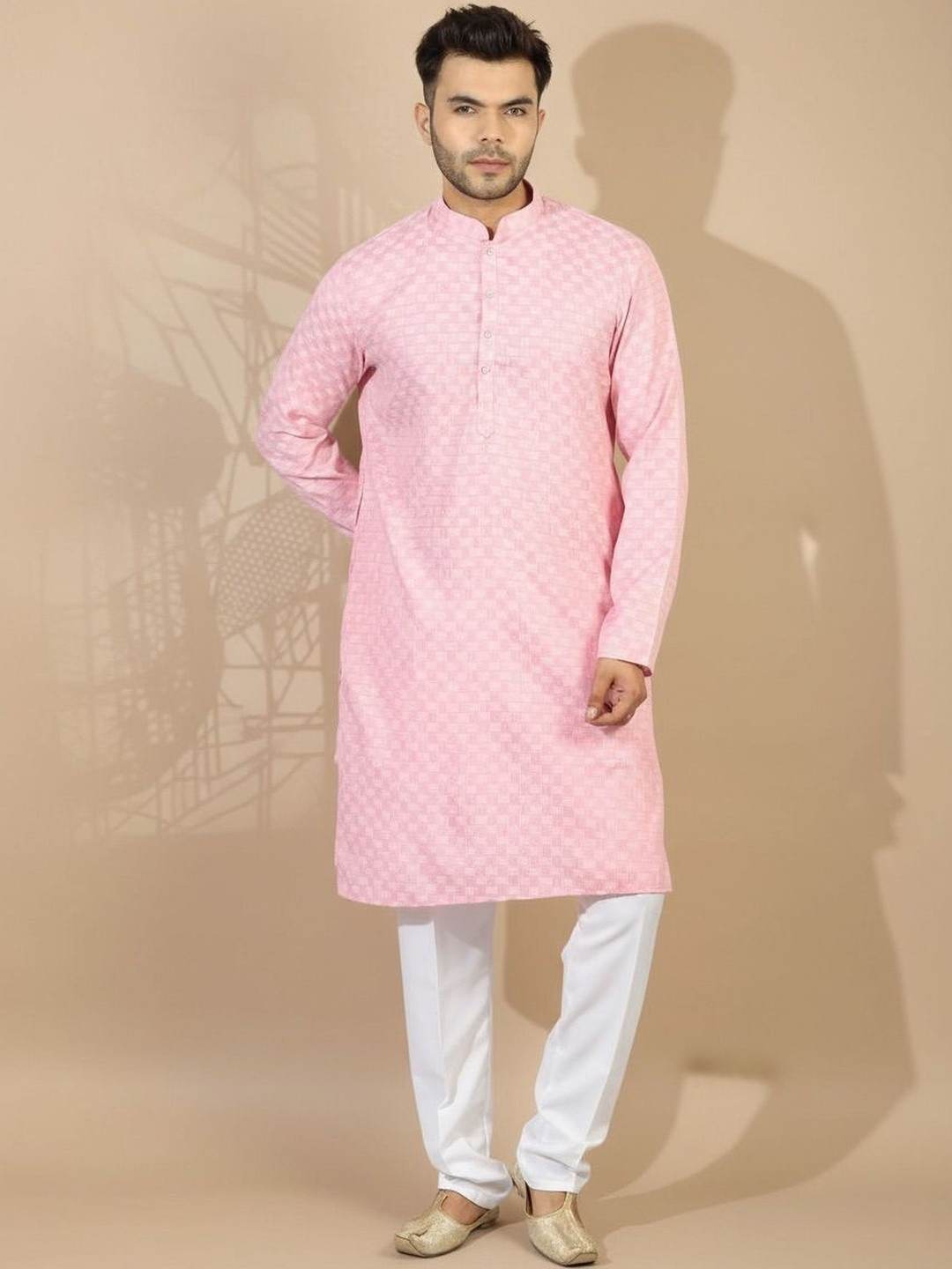Ethluxis Men Woven Design Mandarin Collar Regular Kurta with Pyjamas